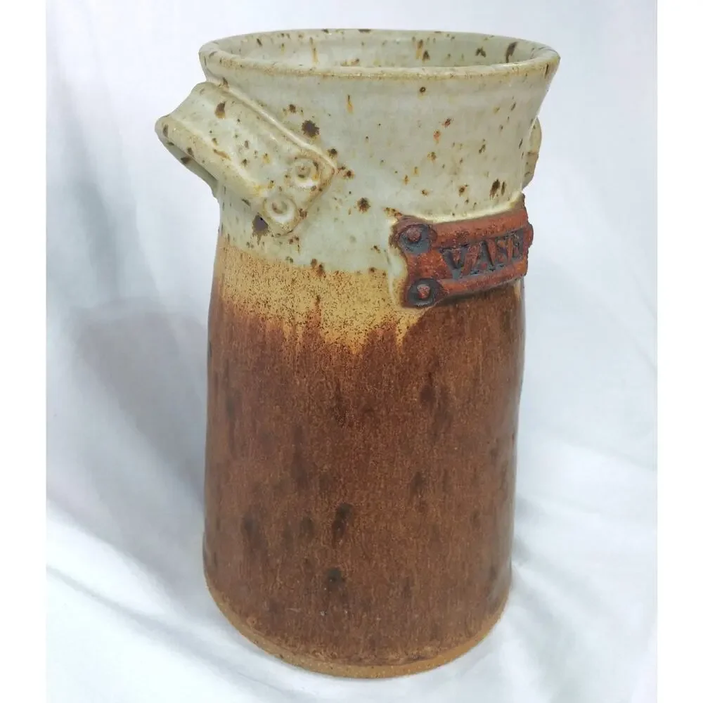 Earthenware Artisan Made Utensil Vase Handles Rustic Earthy Pottery Crock Flower